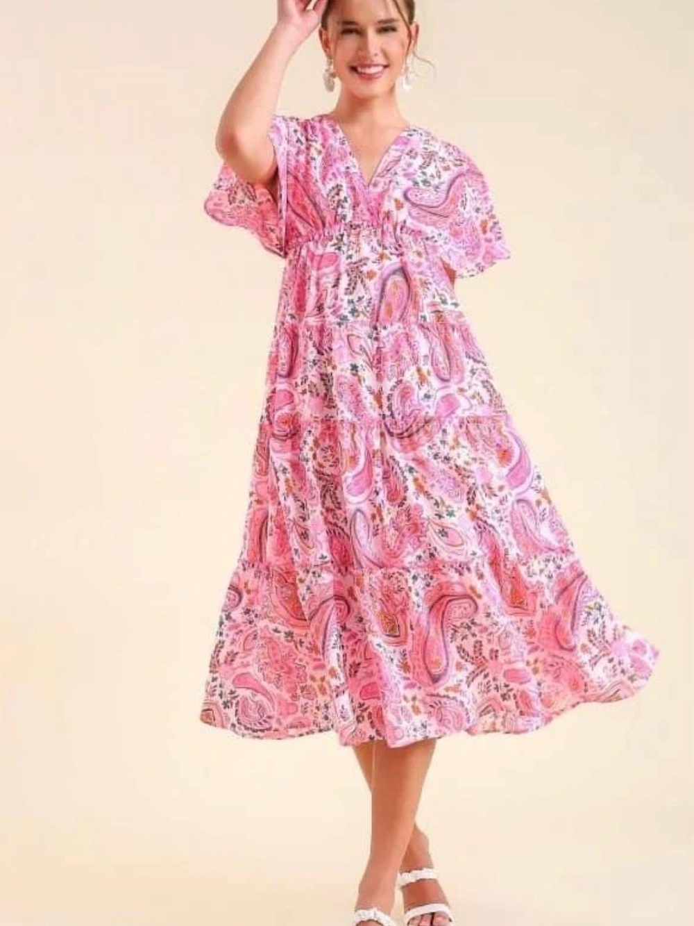 Umgee Pink Paisley Print V-Neck Flutter Sleeve Dress size small